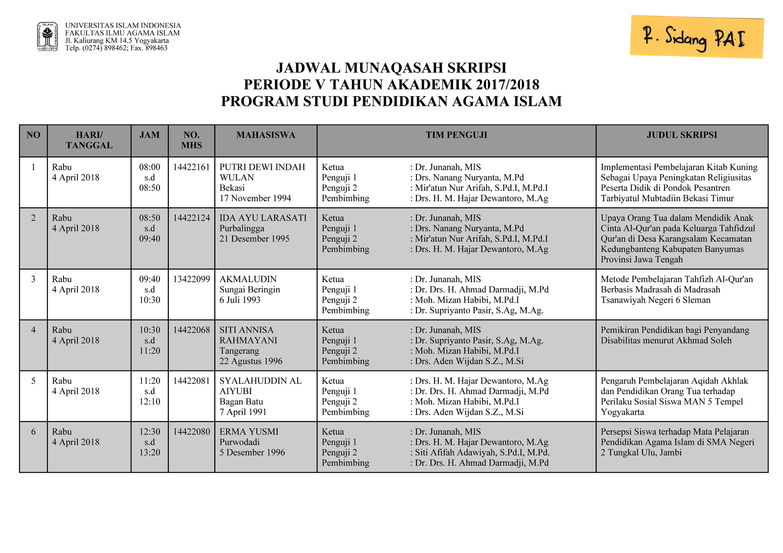 Jadwal Sidang Munaqasah Prodi PAI