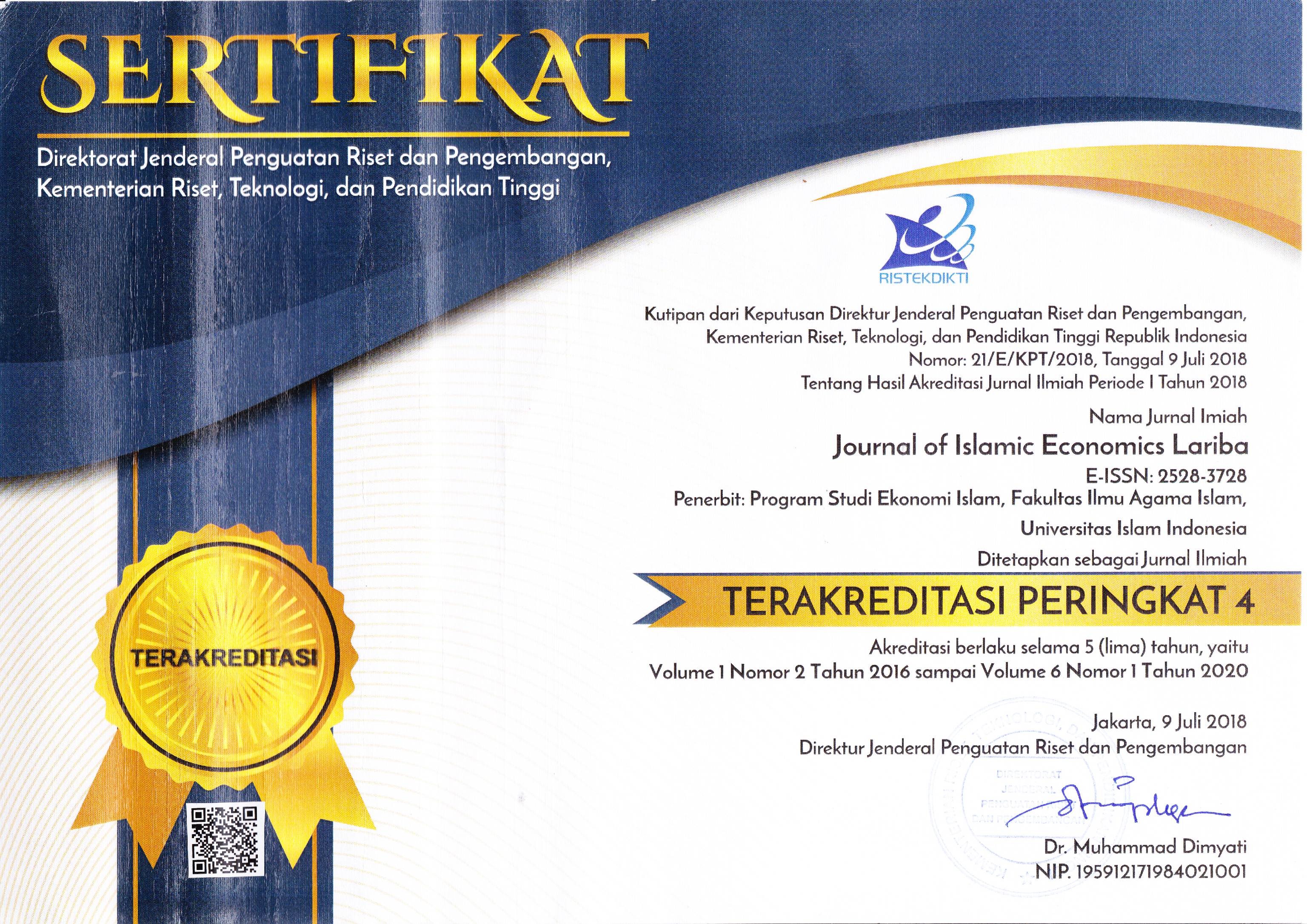 Sertifikat Terakreditasi Peringkat 4 Journal of Islamic Economics Lariba